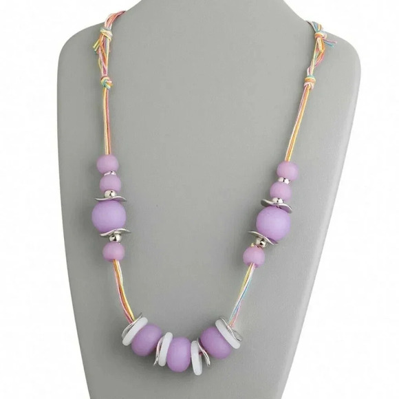 Chunky Retro Mod Purple Silver White Round Acrylic Beads Hand Crafted Necklace - Picture 1 of 1